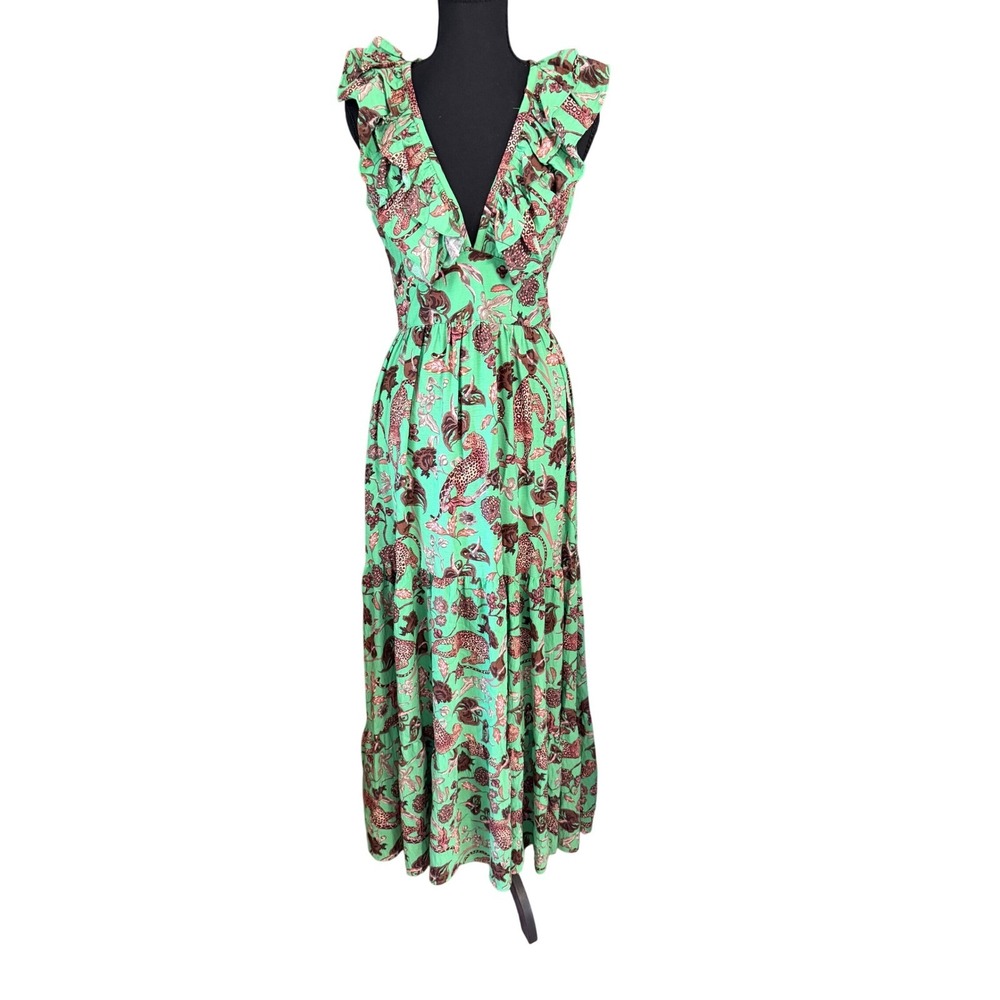 Glamorous Green Leopard Floral Ruffle Maxi Dress Women's US 6 Boho Jungle Print